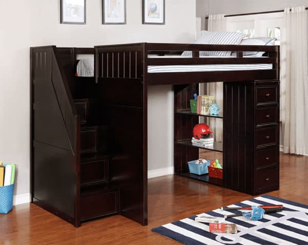 jay furniture full loft bed with chest and side steps in espresso