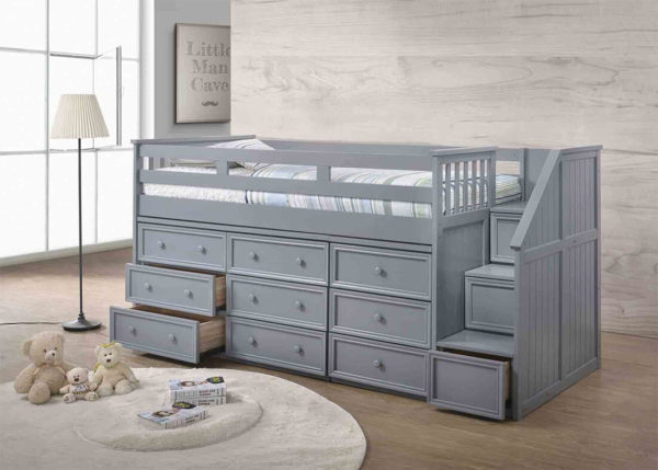 jay furniture twin junior loft bed with step drawers in grey