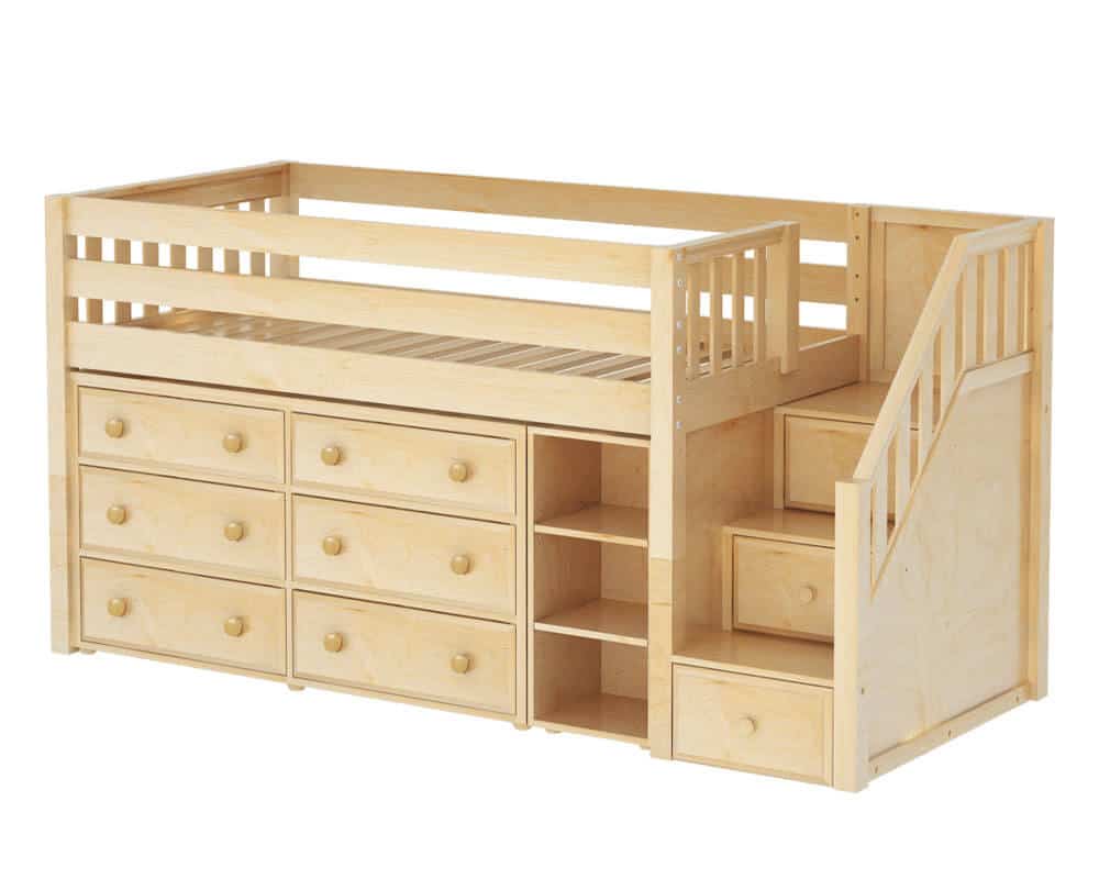 low loft bed with drawers