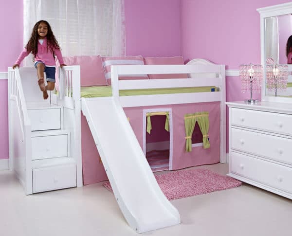 maxtrix low loft bed with staircase and slide in white